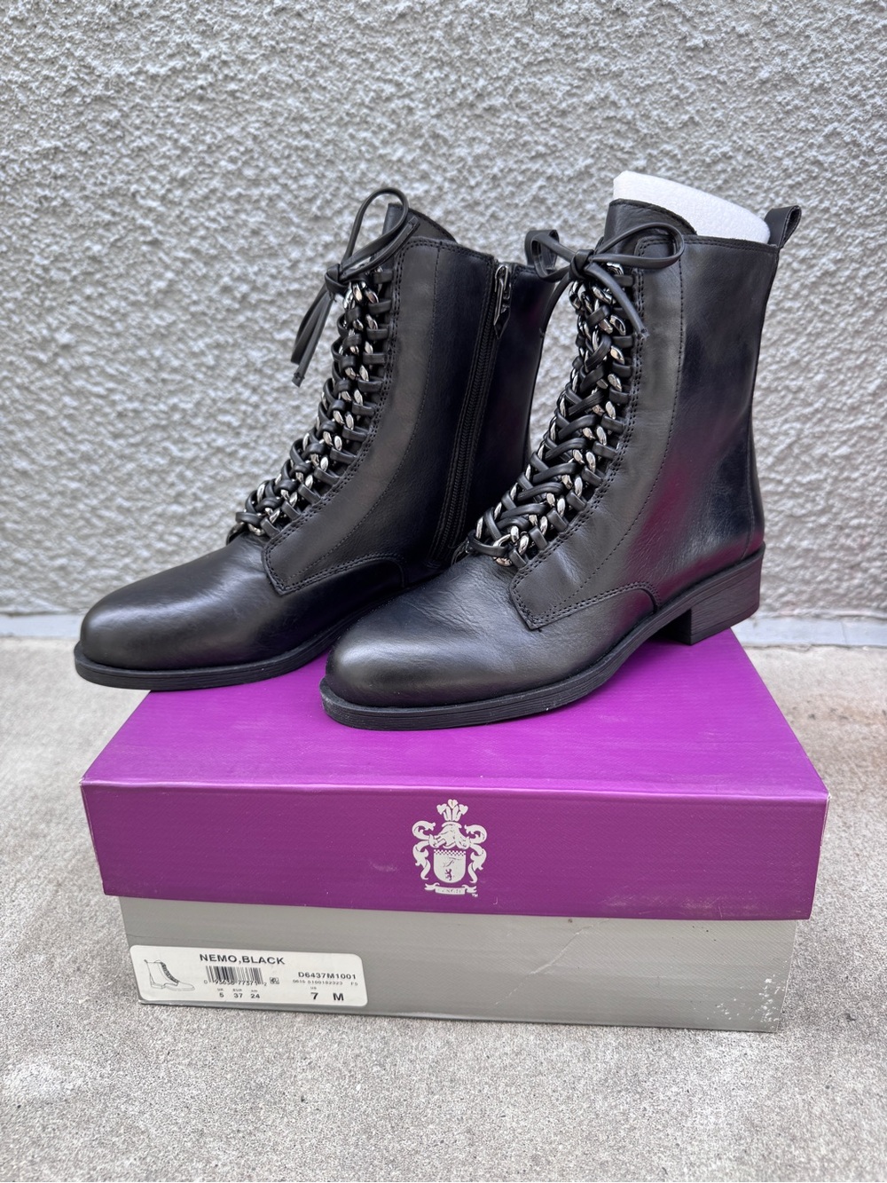 Brand New Fergie Nemo Black Lace-Up Combat Boots with Chain Detail - Women 7M